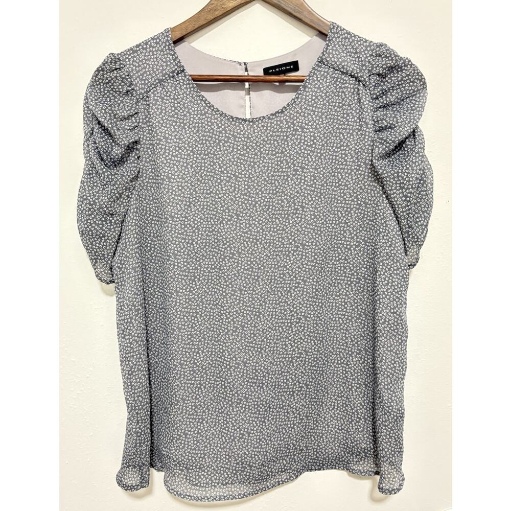 Pleione Gray White Micro Print Puff Sleeve Blouse Top Women’s Medium
